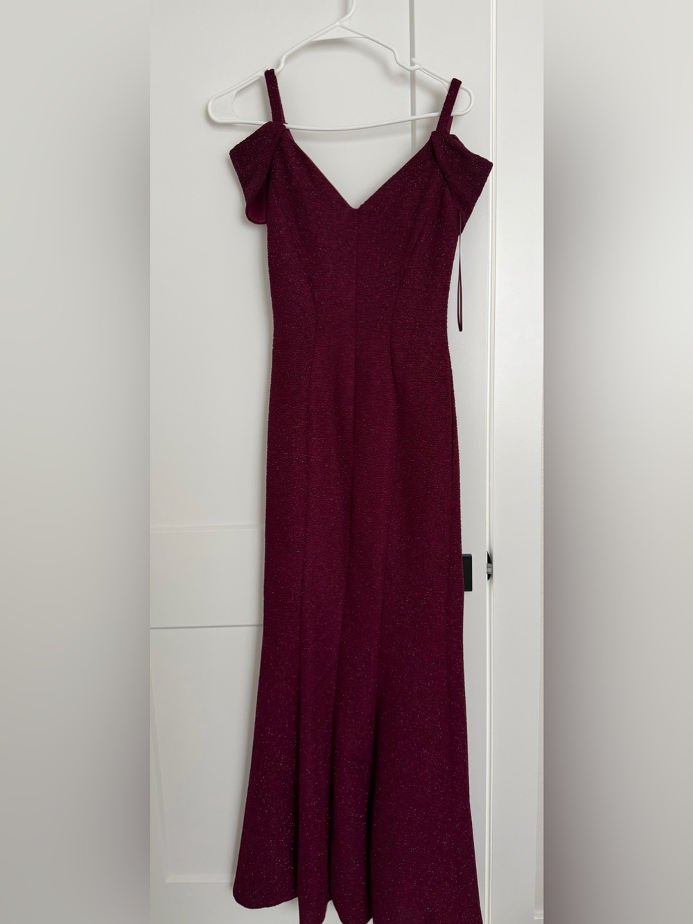 Night Way Collections Sparkle Off-Shoulder Maxi Dress in Burgundy